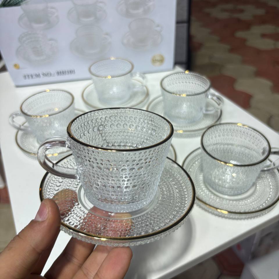 طقم فناجين زجاج حرارى اطار جولد