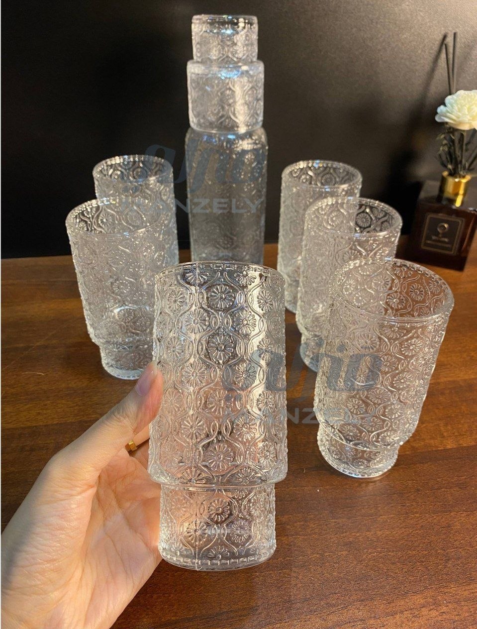 Damascus-style bottle and coffee set, 8 pieces